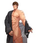  1boy abs ardbert_(ff14) bangs bara black_robe blue_eyes blush brown_hair covering covering_crotch dated facial_hair final_fantasy final_fantasy_xiv highres jin_(sirius-j) large_pectorals leg_hair looking_at_viewer male_focus male_pubic_hair muscular muscular_male naked_robe nipples open_clothes open_robe pectorals pubic_hair robe scar scar_on_arm scar_on_leg scar_on_stomach short_hair solo thick_thighs thighs wide_sleeves 