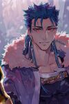  1boy blue_hair closed_mouth collarbone cu_chulainn_(caster)_(fate) cu_chulainn_(fate) earrings fate/grand_order fate_(series) fur-trimmed_hood fur_trim heqanim highres hood hood_down jewelry korean_commentary long_hair looking_at_viewer male_focus red_eyes skin_tight slit_pupils smile solo spiked_hair twitter_username 