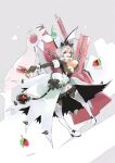  1girl absurdres ahoge animal_ears bana_(stand_flower) belt blue_eyes boots bouncing_breasts bracelet breasts cleavage clothing_cutout clover collar dress elphelt_valentine fake_animal_ears flower food four-leaf_clover fruit grey_background guilty_gear guilty_gear_xrd gun hair_between_eyes handgun heart high_heels highres holding holding_weapon huge_ahoge jewelry large_breasts looking_at_viewer rabbit_ears rose shotgun simple_background solo spiked_bracelet spiked_collar spikes strawberry thigh_boots thighhighs weapon wedding_dress white_hair white_legwear 
