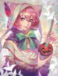  1boy animal_hood blush bow green_bow halloween_costume holding holding_jack-o&#039;-lantern holding_paintbrush hood issho_ni_gohan. jack-o&#039;-lantern kamikanomi mummy_costume paint_splatter paintbrush pink_eyes pink_hair smile solo unoha_nao upper_body 