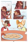 2021 anthro ash_(abz) biped blue_eyes canid canine canis collar comic cookie detailed_background dialogue digital_media_(artwork) female fennec fink_(artist) food fox furniture green_eyes group hi_res kali_(artist) male mammal miko_(abz) mink mustelid musteline plate plushie speech_bubble star_eyes table trio true_musteline wolfe zee_(abz) 