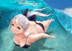  1girl absurdres ass azur_lane bangs bare_legs bare_shoulders barefoot bikini black_bikini black_swimsuit blue_sky breasts butt_crack cleavage closed_mouth eyebrows_visible_through_hair full_body highres large_breasts legs light_blue_eyes long_hair looking_at_viewer ocean official_alternate_costume shigatsu_(4gate) silver_hair sky smile soles solo swimsuit underwater vittorio_veneto_(azur_lane) vittorio_veneto_(the_flower_of_la_spezia)_(azur_lane) water 