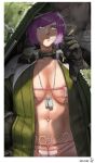  1girl absurdres bikini bloody_panther_(last_origin) blue_eyes breasts cigarette coat commentary dog_tags gloves hand_in_pocket hat highres large_breasts last_origin looking_up navel_piercing piercing purple_hair shadow smoking solo sukai swimsuit 