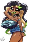  big_breasts black_hair bottomwear box_chan breasts brown_body brown_skin cephalopod choker cleavage clock clothed clothing cutoffs daisy_dukes denim denim_clothing ear_piercing female green_eyes green_tongue hair hand_behind_head hi_res hotpants humanoid jewelry looking_at_viewer marina_(splatoon) marine mollusk necklace nintendo nipple_piercing nipples octarian octoling piercing pseudo_hair shorts simple_background solo splatoon tentacle_hair tentacles thick_thighs tongue tongue_out tongue_piercing topwear tube_top useless_clothing video_games watch white_background wide_hips wristwatch 