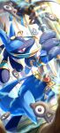  absurdres blurry commentary_request energy highres holding jewelry leg_up legs_apart looking_at_viewer lucario pokemon pokemon_(game) pokemon_unite red_eyes ririri_(user_rkrv7838) tile_floor tiles unown 