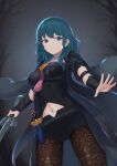  1girl armor bangs belt black_armor black_belt black_coat black_shirt black_shorts blue_eyes blue_hair breasts brown_legwear bustier byleth_(fire_emblem) byleth_(fire_emblem)_(female) closed_mouth clothing_cutout coat commentary_request cowboy_shot dagger eyebrows_visible_through_hair fire_emblem fire_emblem:_three_houses highres holding holding_sword holding_weapon knife long_hair looking_at_viewer medal medium_breasts navel navel_cutout nnnn_oekaki pantyhose patterned_legwear sheath sheathed shirt short_shorts shorts shoulder_armor sidelocks solo standing sword sword_of_the_creator tassel vambraces weapon 