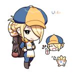  1boy backpack bag belt blonde_hair blue_headwear blue_jumpsuit boots brown_bag brown_belt brown_footwear character_name chibi closed_mouth commentary fur_trim grey_eyes hair_over_one_eye hat jumpsuit long_sleeves looking_at_viewer male_focus notice_lines pokemon pokemon_(game) pokemon_legends:_arceus shi_mohaji smile strap togepi volo_(pokemon) 