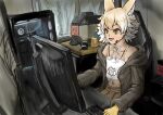  1girl animal_ear_fluff animal_ears coyote_(kemono_friends) coyote_ears coyote_girl coyote_tail evyngr gloves kemono_friends kemono_friends_v_project microphone multicolored_hair necktie open_mouth shirt sitting skirt smile solo tail virtual_youtuber 