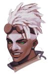  1boy bangs commentary cropped_head dark-skinned_male dark_skin dreadlocks earrings ekko_(league_of_legends) goggles goggles_on_head green_eyes grey_background grey_hair grin jewelry league_of_legends looking_at_viewer male_focus mush820823 simple_background smile solo teeth 