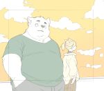  2022 anthro belly big_belly bottomwear canid canine canis clothing domestic_dog duo hi_res humanoid_hands inunoshippo kemono male mammal outside overweight overweight_male pants shirt topwear 