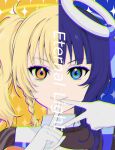  2girls asaka_karin bangs black_hair blonde_hair blue_eyes blue_hair braid diverdiva eternal_light_(love_live!) french_braid gloves highres love_live! love_live!_nijigasaki_high_school_idol_club love_live!_school_idol_festival_all_stars medium_hair mia_(fai1510) miyashita_ai mole multiple_girls orange_eyes side_ponytail sidelocks smile swept_bangs white_gloves white_headwear yellow_eyes 