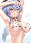  1girl :q animal_print arm_over_head armpits arms_up artist_name bangs bell bikini black_collar blue_hair breasts collar cow_print eyebrows_visible_through_hair ganyu_(genshin_impact) genshin_impact highres horns kimoshi large_breasts licking_lips long_hair looking_at_viewer neck_bell print_bikini purple_eyes revision sidelocks solo sweat swimsuit tongue tongue_out underboob upper_body v 