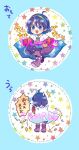  ahoge blue_eyes blue_hair boots cape chibi circle cloak cloud_print coin commentary_request dress multicolored_clothes multicolored_dress multicolored_hairband patchwork_clothes pote_(ptkan) purple_footwear rainbow_gradient red_button sample_watermark short_hair sky_print sweatdrop tenkyuu_chimata touhou translation_request two-sided_cape two-sided_fabric white_cape white_cloak zipper 