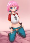  1girl absurdres beauty_(bobobo-bo_bo-bobo) belt blue_eyes bobobo-bo_bo-bobo borokuro closed_mouth collarbone denim earrings heart highres jeans jewelry looking_at_viewer midriff navel pants pink_hair short_hair short_sleeves smile solo 