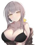  1girl bare_shoulders black_bra black_survival bra breasts collarbone dr._nadja eternal_return:_black_survival grey_hair grey_shirt hair_ribbon highres large_breasts looking_at_viewer open_clothes open_shirt ribbon shirt short_hair simple_background smile solo tagme underwear upper_body white_background yakhb yellow_eyes 