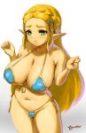  2022 5_fingers absurd_res awesomeerick bikini blonde_hair breasts camel_toe clothing female fingers genitals green_eyes hair hi_res humanoid humanoid_pointy_ears hylian light_body light_skin long_hair navel nintendo not_furry princess_zelda pussy signature simple_background solo swimwear the_legend_of_zelda video_games 