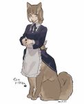  1girl animal_ears apron black_dress black_ribbon blush brown_eyes brown_hair closed_mouth dog dog_ears dog_tail dress highres long_sleeves looking_at_viewer maid monster_girl mullmull02 neck_ribbon original ribbon simple_background smile solo steepled_fingers tail taur waist_apron white_apron white_background 