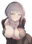  1girl black_survival breasts collarbone dr._nadja eternal_return:_black_survival grey_hair highres jewelry large_breasts leaning_forward looking_at_viewer necklace no_bra shirt short_hair simple_background smile solo tagme torn_clothes torn_shirt white_background yakhb yellow_eyes 