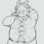  2022 anthro asgore_dreemurr beard belly big_belly blush bodily_fluids bovid bovine clothing facial_hair hi_res humanoid_hands male mammal overweight overweight_male shirt simple_background sketch smush-sin solo sweat topwear undertale_(series) 
