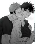  2boys collarbone commentary_request crying facial_mark fushiguro_megumi fushirun_rung grabbing grabbing_from_behind groping hand_under_clothes hand_under_shirt highres itadori_yuuji jujutsu_kaisen labcoat licking licking_neck long_sleeves looking_at_another male_focus monochrome multiple_boys muscular muscular_male scar scar_on_face shirt short_hair short_sleeves spiked_hair sweat tongue tongue_out undercut veins yaoi 