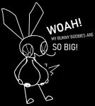  anthro big_breasts black_body black_skin breast_grab breasts exclamation_point female hand_on_breast huge_breasts lagomorph leporid looking_at_self looking_down mammal nipples nixiy open_mouth rabbit solo surprised_expression text vib-ribbon vibri white_nipples 
