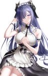  1girl august_von_parseval_(azur_lane) august_von_parseval_(the_conquered_unhulde)_(azur_lane) azur_lane bangs breasts closed_mouth eyebrows_visible_through_hair hair_between_eyes hair_over_one_eye hand_in_own_hair hand_on_own_chest highres long_hair looking_at_viewer maid maid_headdress medium_breasts naga_(pixiv70891418) official_alternate_costume purple_eyes purple_hair sitting solo white_background 