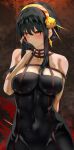  1girl bangs bare_shoulders black_dress black_gloves black_hair breasts cleavage covered_navel dress earrings fingerless_gloves gloves gold_hairband highres jewelry large_breasts long_hair looking_to_the_side red_eyes rose_hair_ornament sidelocks spy_x_family uenoryoma yor_briar 