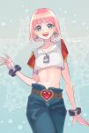  1girl beauty_(bobobo-bo_bo-bobo) belt blue_eyes bobobo-bo_bo-bobo collarbone denim earrings heart highres jeans jewelry looking_at_viewer midriff navel open_mouth pants pink_hair short_hair short_sleeves smile solo standing sudakoyarou 