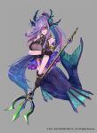  1girl body_markings breasts chaos_siren copyright frills full_body grimms_notes grin huge_breasts long_hair makihitsuji mermaid midriff monster_girl navel official_art polearm ponytail purple_eyes shaded_face smile solo teeth trident weapon 