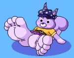  5_toes anthro big_feet blue_clothing blue_hat blue_headwear clothing feet foot_focus hat headgear headwear huge_feet humanoid_feet hyper hyper_feet lavender_fur mammal marblepan rodent sciurid shirt solo super_animal_royale toes topwear yellow_clothing yellow_shirt yellow_topwear 