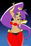  2020 absurd_res awesomeerick blue_eyes breasts clothing ear_piercing ear_ring female fingers genie hair hi_res humanoid humanoid_pointy_ears long_hair not_furry open_mouth open_smile piercing ponytail purple_hair shantae shantae_(series) signature simple_background smile solo video_games wayforward 