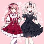  1girl 1other :3 akiyama_mizuki bangs black_bow black_choker black_dress blush bow bowtie choker closed_mouth commentary_request detached_sleeves dress fang frilled_cuffs frilled_sleeves frills hair_bow hairband lolita_fashion lolita_hairband long_hair looking_at_viewer momoi_airi open_mouth pantyhose pink_background pink_eyes pink_hair project_sekai puffy_short_sleeves puffy_sleeves red_bow red_bowtie red_dress red_hairband see-through_cuffs see-through_sleeves short_sleeves side_ponytail sidelocks skirt_hold smile two_side_up v waka_(wk4444) white_legwear wrist_cuffs 