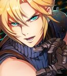  1boy aqua_eyes armor asymmetrical_bangs bangs blonde_hair blue_shirt close-up cloud_strife final_fantasy final_fantasy_vii final_fantasy_vii_remake gloves hair_between_eyes halu-ca lower_teeth open_mouth parted_bangs shirt shoulder_armor sleeveless sleeveless_turtleneck solo spiked_hair suspenders teeth turtleneck 