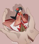  1girl 1other black_hair colored_skin flower folding_fan grey_background hair_flower hair_ornament hand_fan holding holding_fan long_sleeves minigirl mullmull02 origami original personification simple_background twitter_username white_skin 