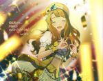  1girl ^_^ ^o^ bangs beret blunt_bangs blurry blurry_background blurry_foreground blush brown_hair closed_eyes confetti crop_top dated depth_of_field fox_shadow_puppet happy hat idol idolmaster idolmaster_million_live! light_stick long_hair miyao_miya mohemohe_(5hey) navel puffy_short_sleeves puffy_sleeves short_sleeves sparkle 