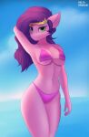  5_fingers anthro anthrofied bikini breasts clothing crown delta_hronum equid equine fingers green_eyes hair hasbro hi_res long_hair looking_at_viewer mammal mlp_g5 my_little_pony navel pink_body pipp_petals_(mlp) pose signature swimwear 