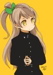  1girl bow brown_hair closed_mouth dated long_hair love_live! minami_kotori mota simple_background solo yellow_eyes 