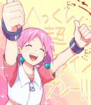  0aoiurn0 1girl beauty_(bobobo-bo_bo-bobo) blue_eyes bobobo-bo_bo-bobo earrings jewelry midriff open_mouth pink_hair short_hair short_sleeves smile solo teeth thumbs_up upper_teeth 