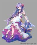  1girl book copyright dress flat_chest floating full_body grimms_notes hair_ribbon heart heart-shaped_pupils jewelry little_mermaid_(grimms_notes) long_hair makihitsuji necklace official_art purple_eyes purple_hair ribbon sandals solo symbol-shaped_pupils weapon 