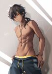  1boy abs arknights bare_arms bare_pectorals bare_shoulders black_hair closed_mouth clothes_pull commentary_request dark-skinned_male dark_skin highres koe_(mixpi) looking_at_viewer male_focus muscular muscular_male navel nipples no_shirt pants pants_pull pectorals ponytail pulled_by_self short_hair_with_long_locks solo thorns_(arknights) topless topless_male undressing yellow_eyes 