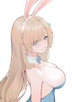  1girl :d absurdres animal_ears asuna_(blue_archive) asuna_(bunny_girl)_(blue_archive) bangs bare_shoulders blonde_hair blue_archive blue_bow blue_bowtie blue_eyes blue_leotard blush bow bowtie breasts cleavage detached_collar eyebrows_visible_through_hair eyes_visible_through_hair fake_animal_ears flyyao from_side grin hair_over_one_eye hairband highres large_breasts leotard long_hair looking_at_viewer looking_to_the_side parted_lips playboy_bunny rabbit_ears simple_background smile solo strapless strapless_leotard teeth traditional_bowtie upper_body very_long_hair white_background white_hairband 