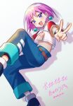  1girl beauty_(bobobo-bo_bo-bobo) belt blue_eyes bobobo-bo_bo-bobo closed_mouth denim earrings feet_out_of_frame highres jeans jewelry looking_at_viewer midriff pants pink_hair short_hair short_sleeves smile solo v 