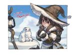  1girl animal_ears backpack bag black_gloves blush border brown_eyes brown_hair coat commentary commission english_commentary gloves golem hands_up hat lantern mittens mullmull02 original parted_lips rabbit_mage_(mithost) skeb_commission solo twitter_username white_border witch_hat 