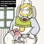  anthro asgore_dreemurr beard belly big_belly blush bodily_fluids bovid bovine bulge clothing cum ejaculation english_text erection eyewear facial_hair fan_character genital_fluids genitals glasses humanoid_genitalia humanoid_hands humanoid_penis licking male mammal necktie oral overweight overweight_male penile penis penis_lick sex sitting smush-sin solo_focus sweater sweater_vest text tongue tongue_out topwear undertale_(series) underwear vest white_body 