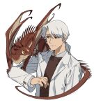  1boy brown_vest closed_mouth dragon labcoat long_sleeves male_focus mullmull02 on_shoulder original ponytail red_eyes shirt simple_background smile vest white_background white_hair white_shirt 