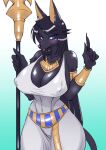  2022 5_fingers anthro armlet armor bare_shoulders big_breasts biped black_arms black_body black_breasts black_claws black_ears black_eyebrows black_face black_fur black_hair black_hands black_neck black_nose black_tail blue_eyes blush bracers breasts canid canine canis claws cleavage closed_smile clothed clothing collarbone dark_arms dark_body dark_breasts dark_claws dark_ears dark_eyebrows dark_face dark_fur dark_hair dark_hands dark_neck dark_nose dark_tail digital_media_(artwork) dress ear_piercing egyptian egyptian_clothing eyebrow_through_hair eyebrows female finger_claws fingers fur gesture glistening glistening_body glistening_breasts glistening_clothing glistening_dress glistening_fur glistening_hair glistening_jewelry glistening_nose gradient_background hair holding_object holding_staff jackal jewelry kazuhiro kemono light_clothing light_dress long_hair looking_aside looking_away mammal monotone_arms monotone_body monotone_breasts monotone_claws monotone_clothing monotone_dress monotone_ears monotone_eyebrows monotone_eyes monotone_face monotone_fur monotone_hair monotone_hands monotone_inner_ear monotone_neck monotone_necklace monotone_nose monotone_tail monotone_tongue mouth_closed navel_outline necklace nipple_outline piercing portrait raised_finger raised_hand raised_index_finger simple_background snout solo staff three-quarter_portrait tongue tongue_out translucent translucent_hair white_clothing white_dress yellow_inner_ear yellow_jewelry yellow_necklace yellow_tongue 