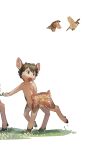 1boy animal_ears bird black_hair brown_eyes centauroid child completely_nude deer_boy hand_up male_focus mullmull02 nude open_mouth original short_hair simple_background solo sparrow taur walking white_background wide-eyed wide_shot 
