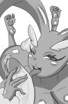  2022 absurd_res anthro bedroom_eyes big_penis blush bodily_fluids breasts buckteeth cleavage clothed clothing cobra_bubbles99 dripping female genital_fluids genitals greyscale half-closed_eyes hi_res interspecies licking looking_at_viewer lopunny male male/female monochrome narrowed_eyes nintendo oral pawpads penile penis penis_lick pok&eacute;mon pok&eacute;mon_(species) pok&eacute;philia precum precum_drip seductive sex solo teeth tongue tongue_out vein veiny_penis video_games 