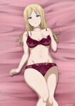  1girl bed_sheet blonde_hair blue_eyes bra hayasaka_ai inoshira kaguya-sama_wa_kokurasetai_~tensai-tachi_no_renai_zunousen~ lingerie looking_at_viewer panties red_bra red_panties underwear 