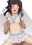  1boy 1girl 4690_(tkpbsk) arm_support bangs black_hair blue_ribbon blush closed_eyes collarbone covered_nipples elbow_gloves eyebrows_visible_through_hair flat_chest gloves hair_ornament idolmaster idolmaster_cinderella_girls long_hair navel open_mouth penis pleated_skirt polka_dot reverse_cowgirl_position ribbon see-through sex sidelocks skirt solo_focus straddling tachibana_arisu testicles 